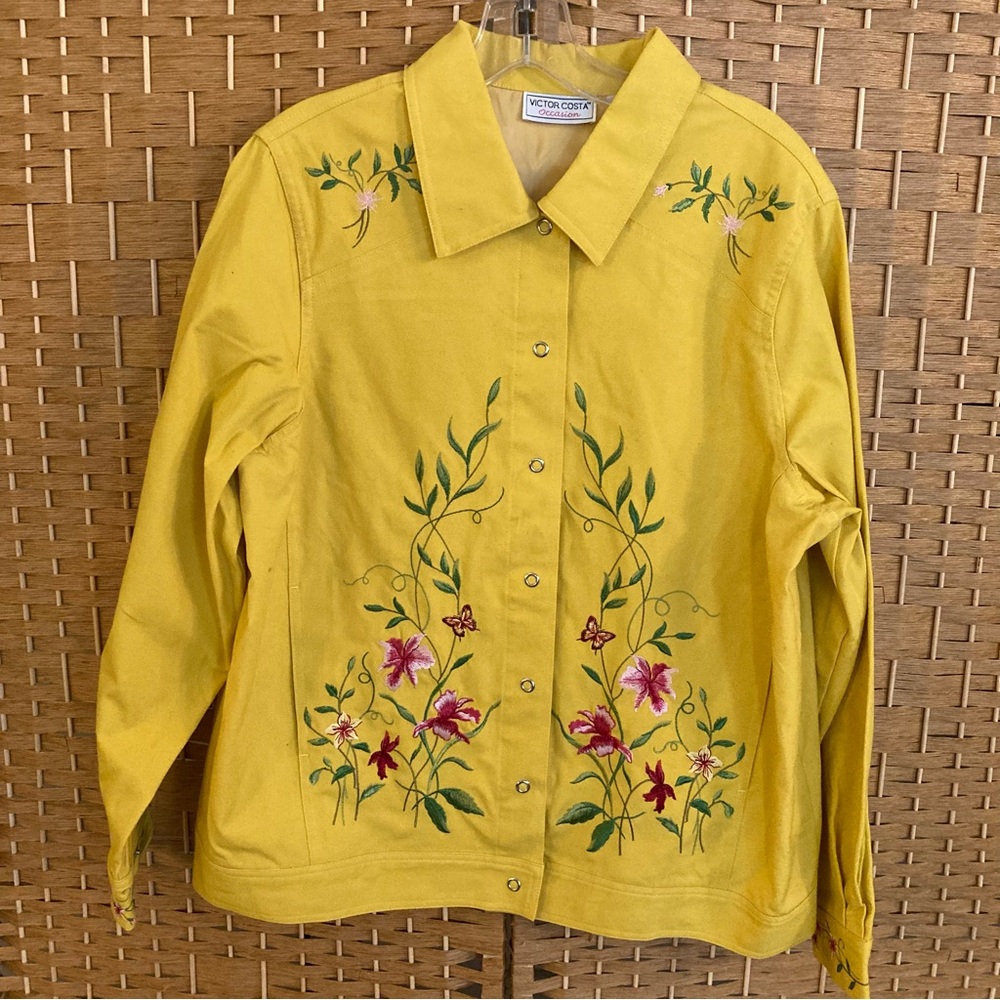 Victor Costa yellow embroidered butterfly flower snap front lightweight jacket m